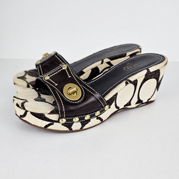 Coach Shoes - Coach Emilie Logo Print Fabric Wedge Slide Sandals Brown/Beige Women's Size 7.5